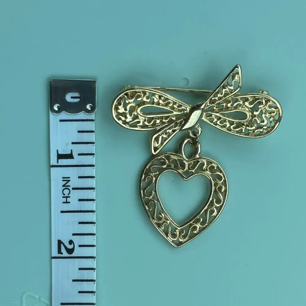 Vintage Filigree Heart and Bow Dangle Brooch – Gold Tone Fashion Jewelry